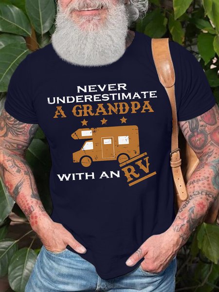 

Men's Never Underestimate A Grandpa With An RV Funny Graphic Printing Cotton Crew Neck Casual Text Letters T-Shirt, Purplish blue, T-shirts