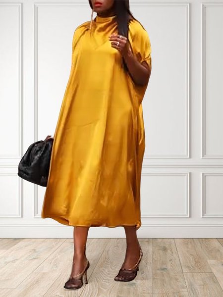 Casual Plain Stand Collar Dress, Yellow, Midi Dresses