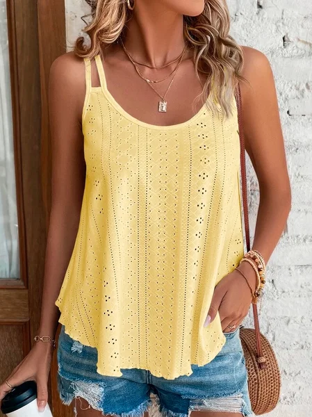 

Women Casual Plain Summer Sleveness Eyelet Embroidery Tank Top Cami Top, Yellow, Tank Tops & Camis
