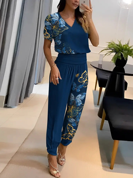 Casual Butterfly Loose V Neck Two-Piece Set, Blue, Tops