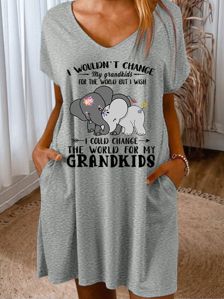 

Women's Funny I Wouldn't Change My Grandkids For The World But I Wish I Could Change The World For My Grandkids Elephants Casual V Neck Dress, Gray, Dresses