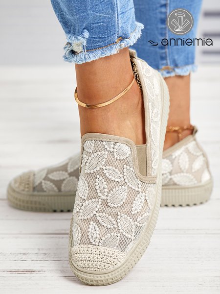 Casual Embroidery Mesh Slip On Flat Loafers, Light khaki, Flats