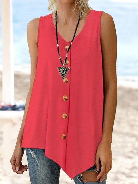 

Plain Casual V Neck Buttoned Tank Top, Red, Tanks & Camis