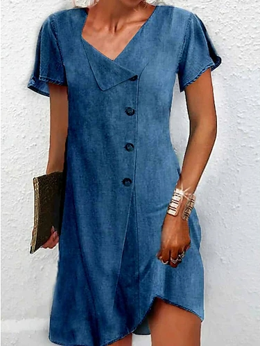 

JFN Asymmetrical Neck Buttoned Casual Plain Dress, Blue, Dresses