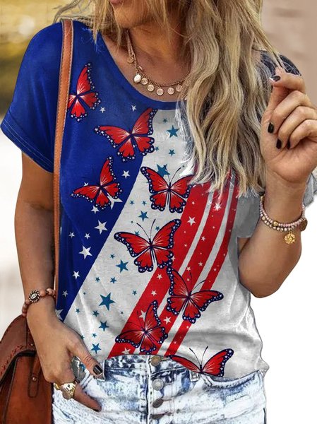 Casual Knitted Independence Day Loose T-Shirt, Blue, T-Shirts