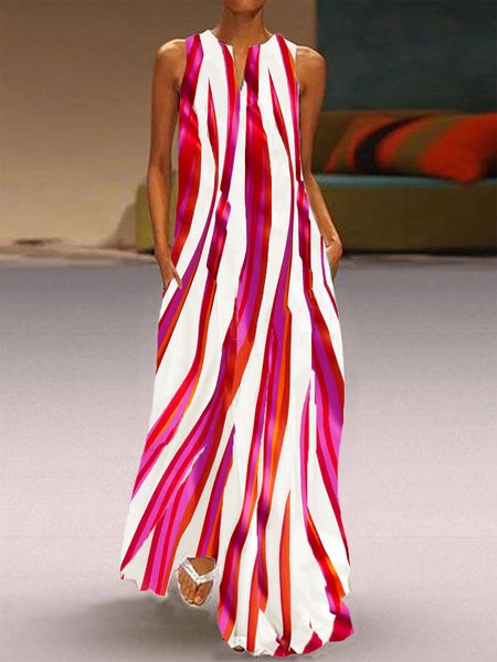 Abstract Loose Notched Vacation Sleeveless Maxi Dress, As picture, Maxi Dresses