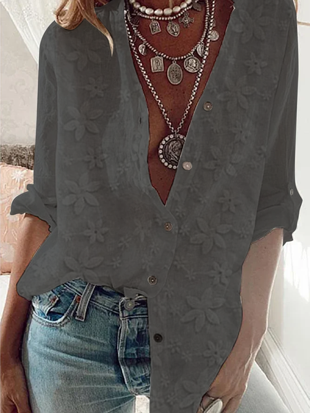 Women Elegant Floral Lace Plain Buttoned Down Cotton Linen Long Sleeve Blouse, Gray, Blouses & Shirts