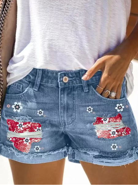 Women's Floral Whiskers Ripped Jeans Denim Shorts, Blue, Jeans
