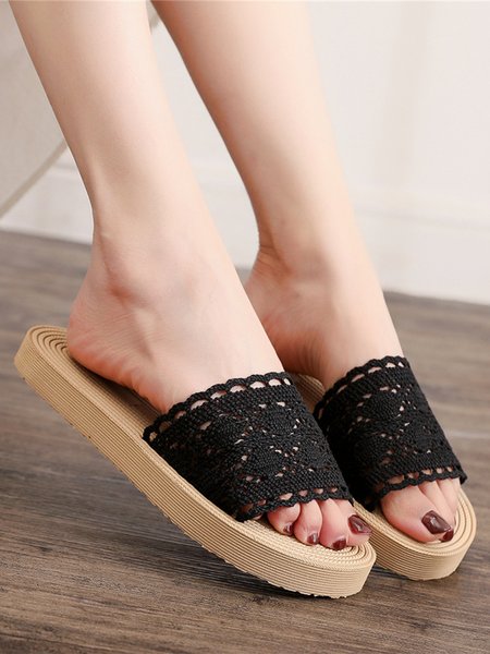 Ethnic Holiday Straw Lace Slippers, Black, Slippers