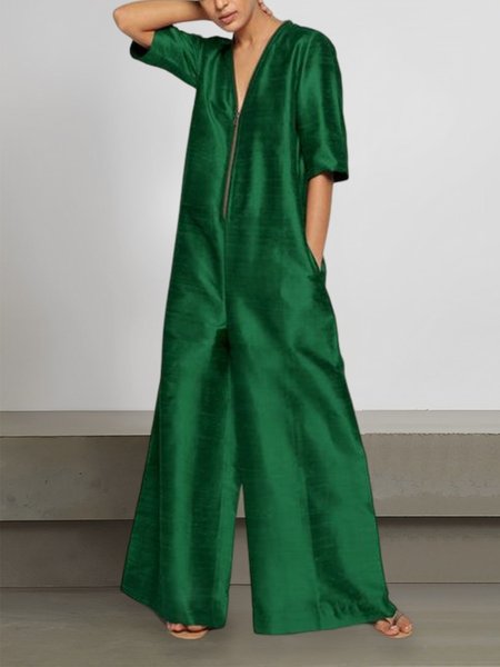 Casual Plain Half Sleeve V Neck Jumpsuit, Green, Jumpsuits