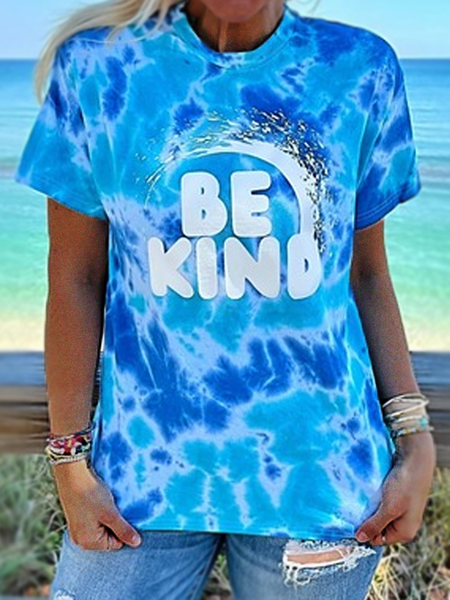 Women's Blue Tie-Dye Pattern Casual T-Shirt, T-shirts