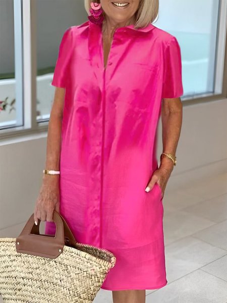 Buttoned Casual Plain Loose Dress, Rose red, Dresses