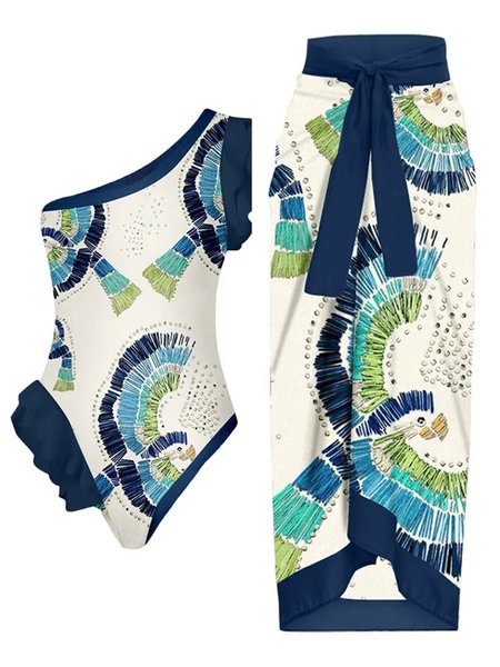 Abstract Vacation One Shoulder One Piece With Cover Up, Multicolor, One-Pieces