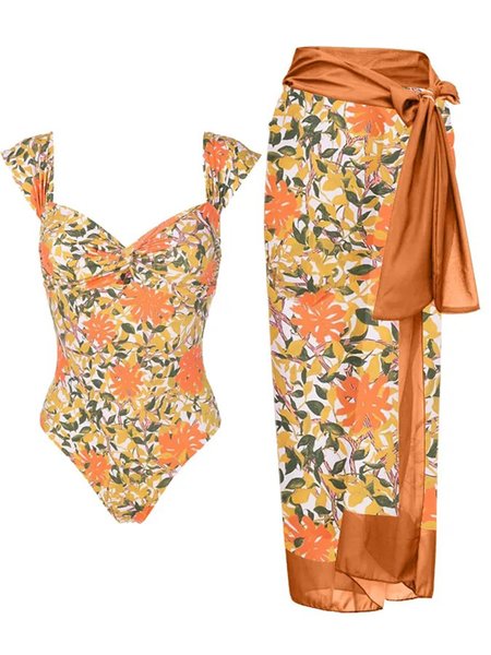 Vacation Floral V Neck Printing One Piece With Cover Up, Orange, One-Pieces