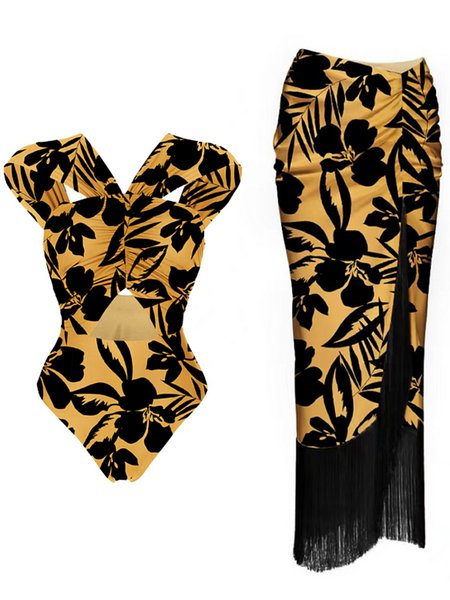 Elegant Floral Printing V Neck One Piece With Cover Up, Black-brown, swimwear>>Bikini Sets