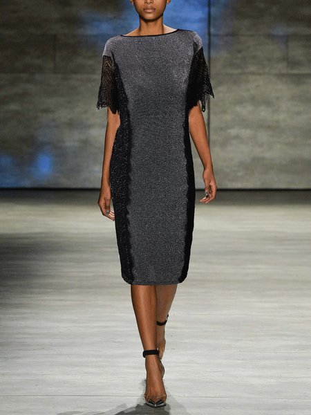 Boat Neck Urban Plain Mini Dress, Gray, Mini Dresses