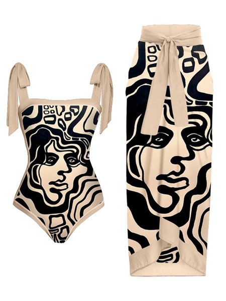 Vacation Abstract Printing Scoop Neck One Piece With Cover Up, Apricot, One-Pieces