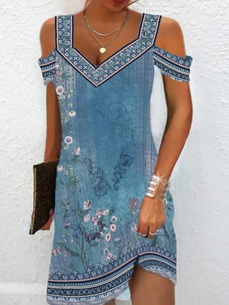 Women Mini Dress Floral V Neck Off Shoulder Loose Casual Short Dress, Blue, Short
Women Mini Dress Floral V Neck Off Shoulder Loose Casual Short Dress, Blue, Short