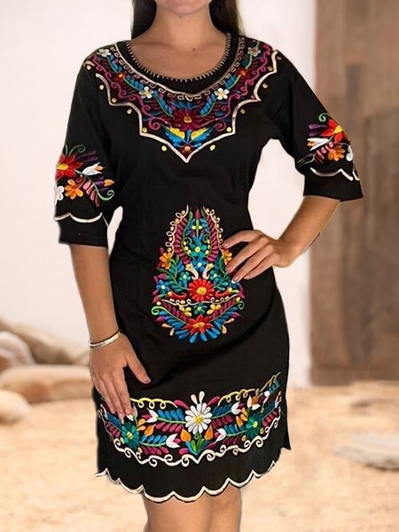 Ethnic Crew Neck Regular Fit Ethnic Dress, Black, Dresses
