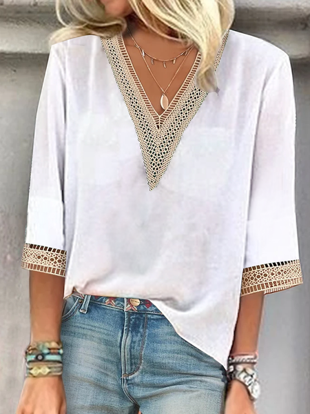 Linen V Neck Cotton And Linen Loose Shirt, White, Blouses & Shirts