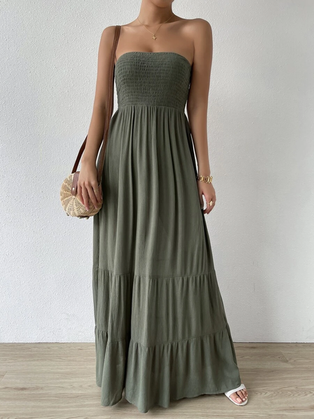 Plain Cotton Vacation Shirred Ruffle Hem Maxi Tube Dress, Army green, Dresses
Plain Cotton Vacation Shirred Ruffle Hem Maxi Tube Dress, Army green, Dresses