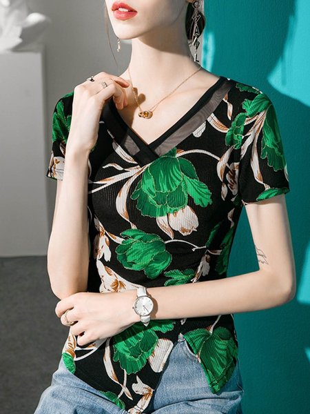 Floral Vacation Short Sleeve V Neck T-Shirt, Green, Tees