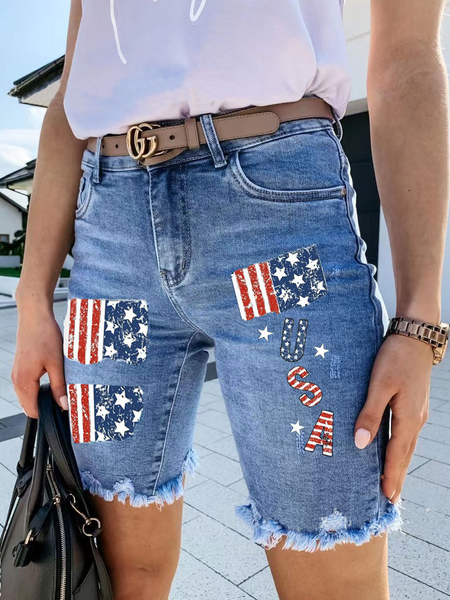 Women's America Flag Hole Patch Fifth Pants Denim Shorts, Blue, Jeans