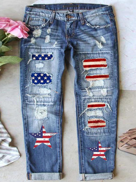 Women's America Flag Tassel Hole Denim Jeans, Blue, Jeans
