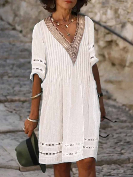 Plain Lace Simple Loose Dress, White, Dresses