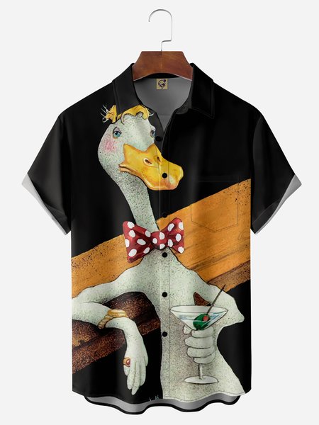 Duck Illustration Chest Pocket Short Sleeve Casual Shirt, Black, Men Shirts