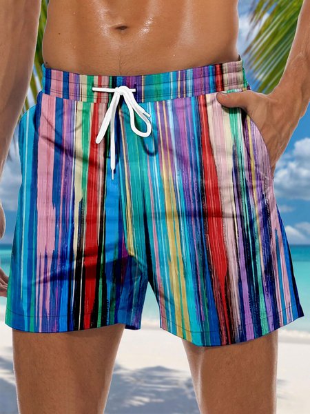 Color Stripes Drawstring Beach Shorts, Blue, Men's shorts