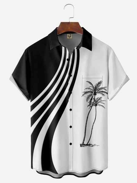 Coconut Tree Chest Pocket Short Sleeve Hawaiian Shirt, Black, Men Shirts