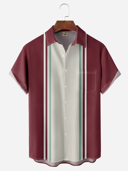 Stripes Chest Pocket Short Sleeve Bowling Shirt, Red, Men Shirts
