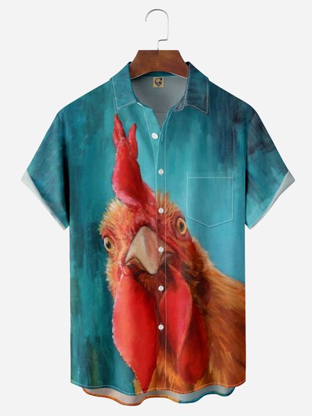 Funky Rooster Chest Pocket Short Sleeve Casual Shirt, Blue, Men Shirts