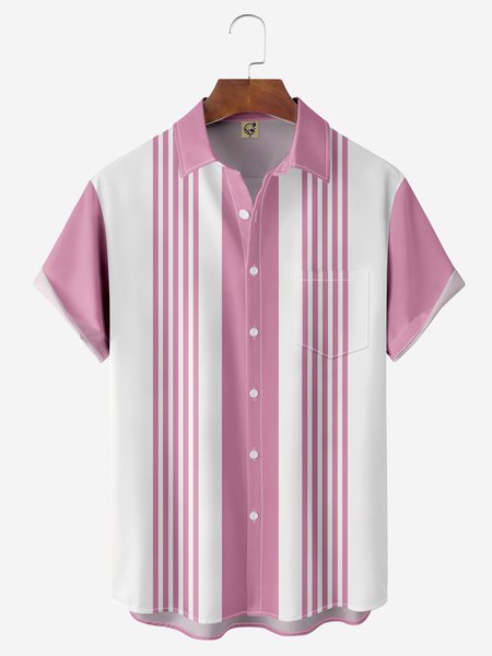 Striped Chest Pocket Short Sleeves Bowling Shirt, Pink, Men Shirts