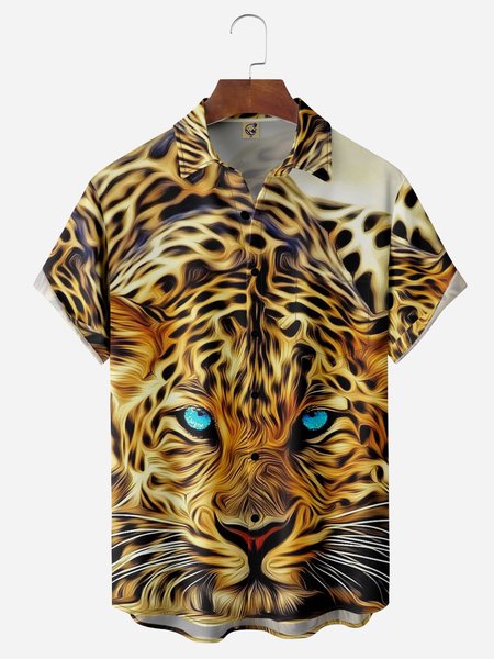 Leopard Chest Pocket Short Sleeve Hawaiian Shirt, Yellow, Men Shirts