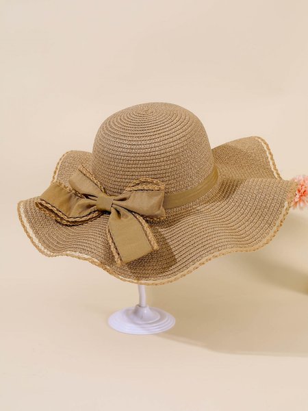 

Beach Vacation Handwoven Straw Hat With Bow Boho Women's Accessories, Khaki, Hats