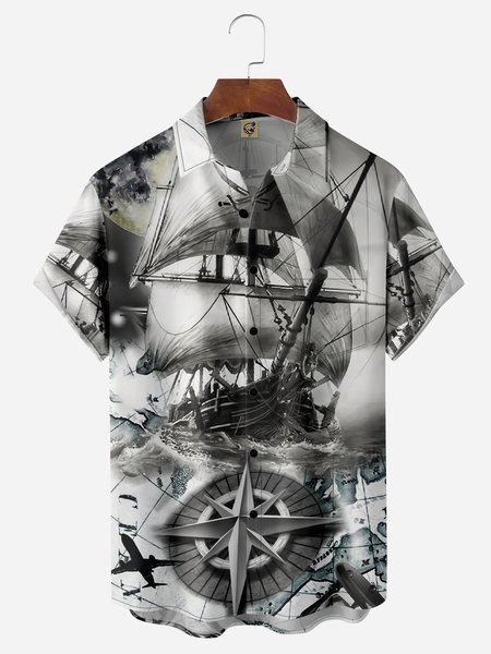 Sailing Boats Chest Pocket Short Sleeve Casual Shirt, Gray, Men Shirts