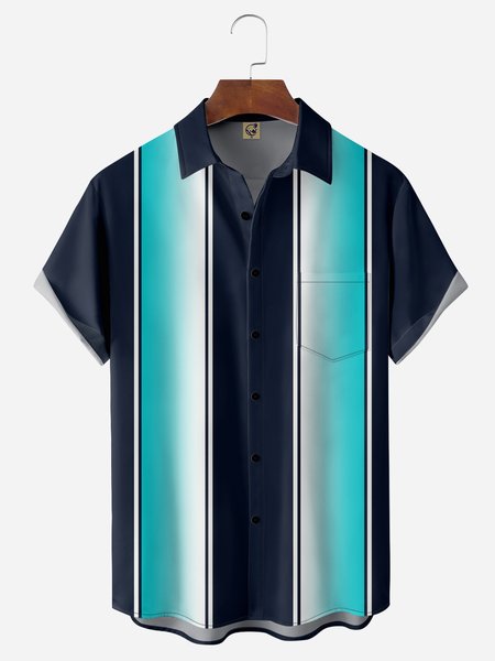 Gradient Striped Chest Pocket Short Sleeve Bowling Shirt, Blue, Men Shirts