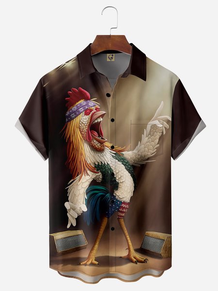 Rooster Chest Pocket Short Sleeves Casual Shirts, Black-coffee, Men Shirts