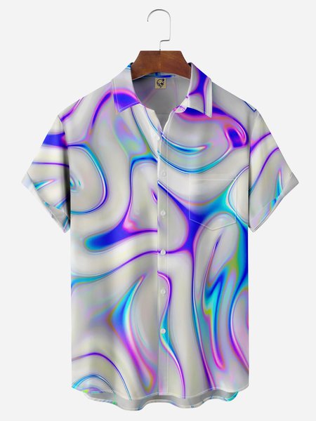 Abstract Print Chest Pocket Short Sleeve Casual Shirt, Purple, Men Shirts
