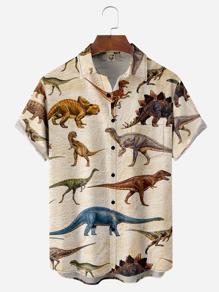 Dinosaurs Chest Pocket Short Sleeve Casual Shirt, Apricot, Men Shirts