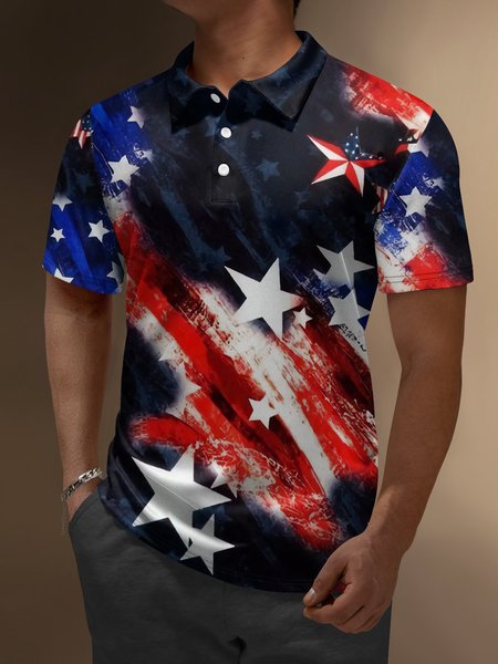 USA Flag Button Down Short Sleeve Polo Shirt, Black, Polo Shirts