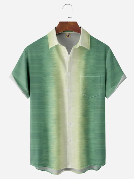 Gradient Striped Chest Pocket Short Sleeve Casual Shirt, Green, Men Shirts