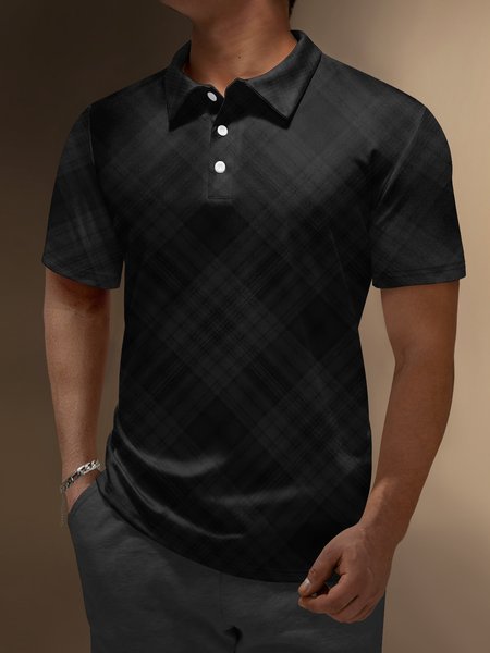 Plaid Button Short Sleeve Polo Shirt, Black, Polo Shirts