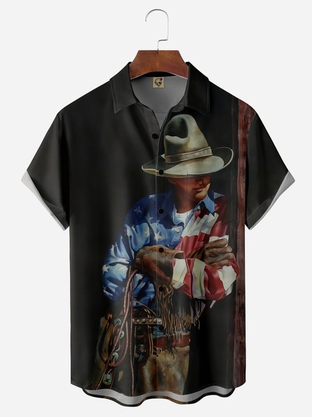 American Cowboy Chest Pocket Short Sleeve Casual Shirt, Black, Men Shirts
