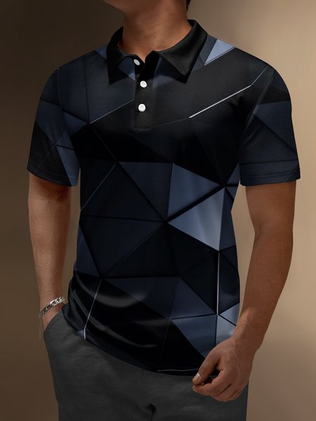 3D Geometric Button Short Sleeve Polo Shirt, Black, Polo Shirts