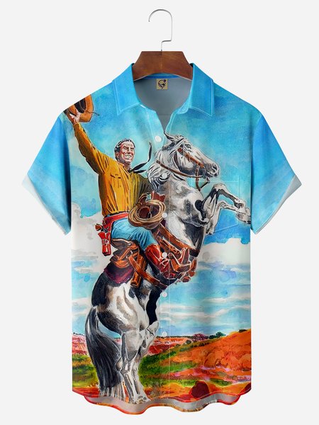 Western Cowboy Chest Pocket Short Sleeve Casual Shirt, Blue, Men Shirts