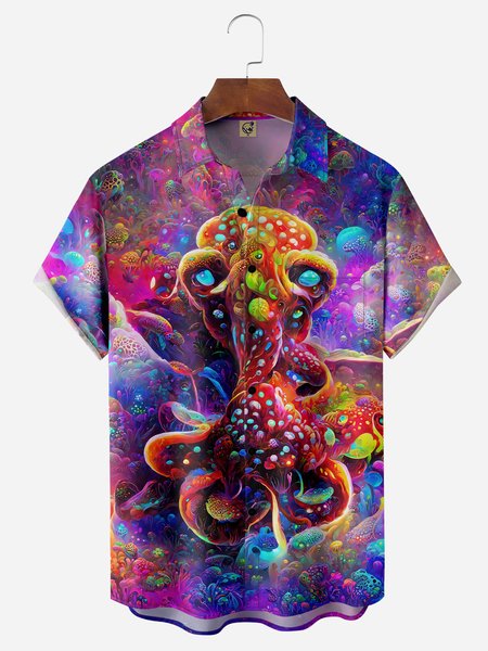 Octopus Chest Pocket Short Sleeve Hawaiian Shirt, Purple, Men Shirts