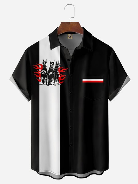 Doberman Dogs Chest Pocket Short Sleeve Bowling Shirt, Black, Men Shirts